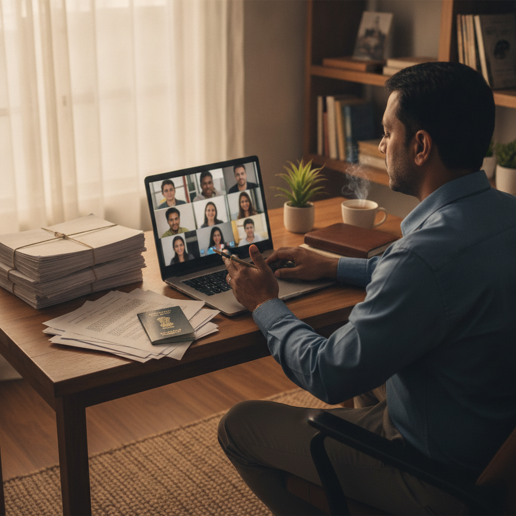 NRI attending a video call with an Indian lawyer while signing property documents remotely