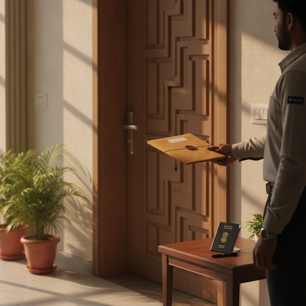 Courier delivering an apostilled Power of Attorney document used for an NRI Release Deed in Bangalore