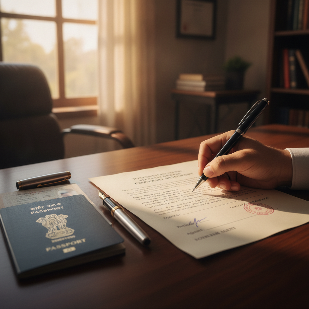 Notary desk with power of attorney document and passport for an NRI overseas heir POA in Mumbai