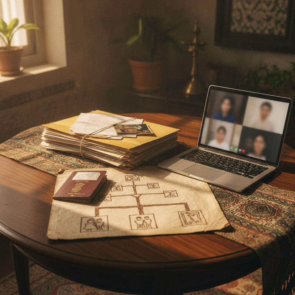 Family tree sketch, passport and legal documents on a table in a sunlit Indian home