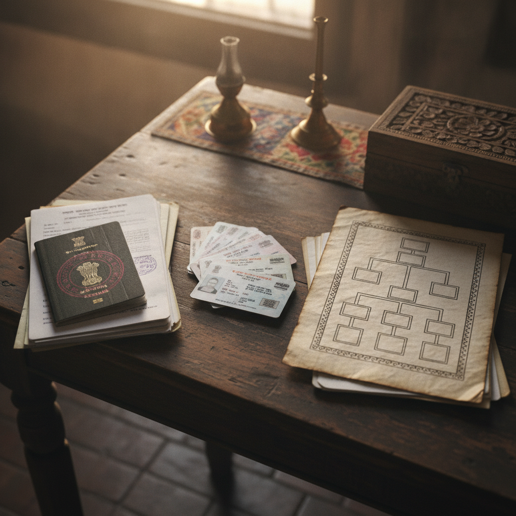 Three stacks of documents, one with a passport and notary stamp, on a desk in warm morning light