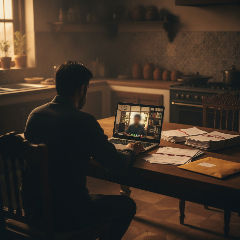 Laptop video call and signed papers on a kitchen table, an heir arranging a legal heir certificate from abroad