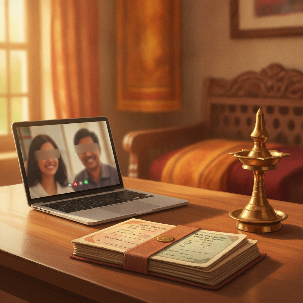 Desk with bank passbooks and a laptop video call, illustrating an NRI applying for a succession certificate