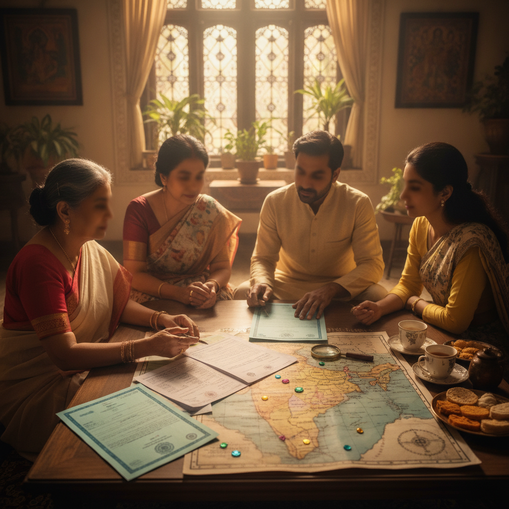 Family comparing inherited property papers beside a map of Indian states