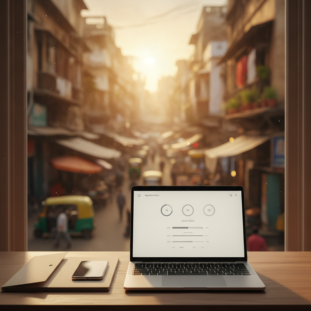 Laptop with an application tracker on a desk, warm evening light over an Indian city street