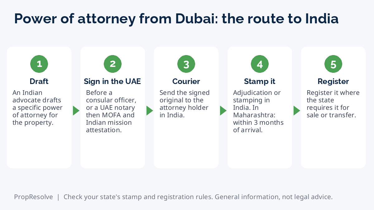 Flow graphic: power of attorney from Dubai for India property, from drafting to registration